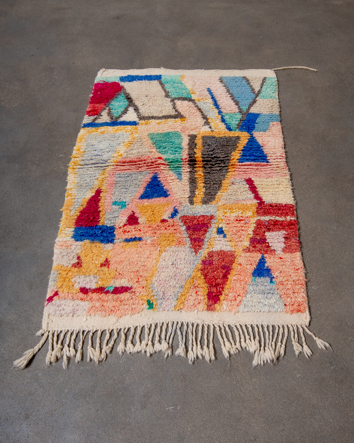 Modern, designer, handcrafted Berber rug from Morocco. Vintage carpet with beautiful colours and patterns and fluffy texture.